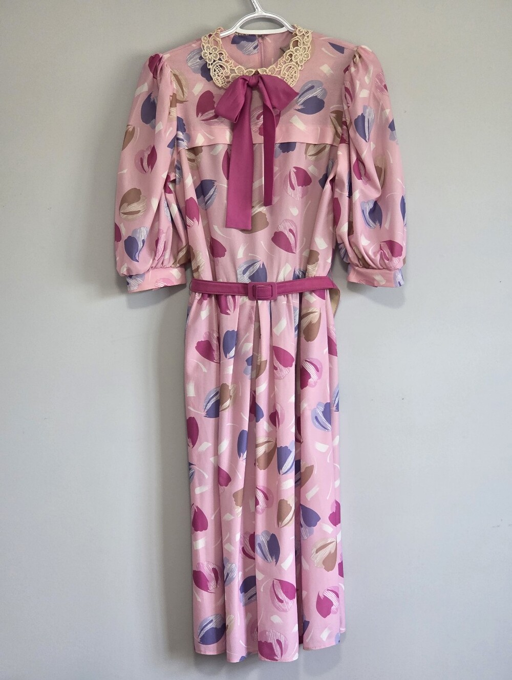 Vintage 70/80s Sears Pink Pastel Floral Dress Belt Sz M Coquette Bow Pastel - Picture 2 of 13
